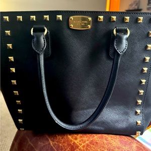 Michael Kors Selma Leather Black Gold studded satchel.